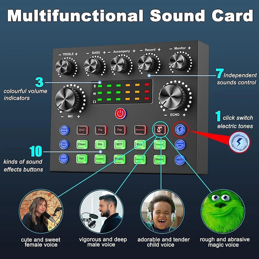 V8S Live Sound Card Podcast Equipment Live Broadcast DJ Device with BM800 Microphone Set For Music/Recording Live Streaming