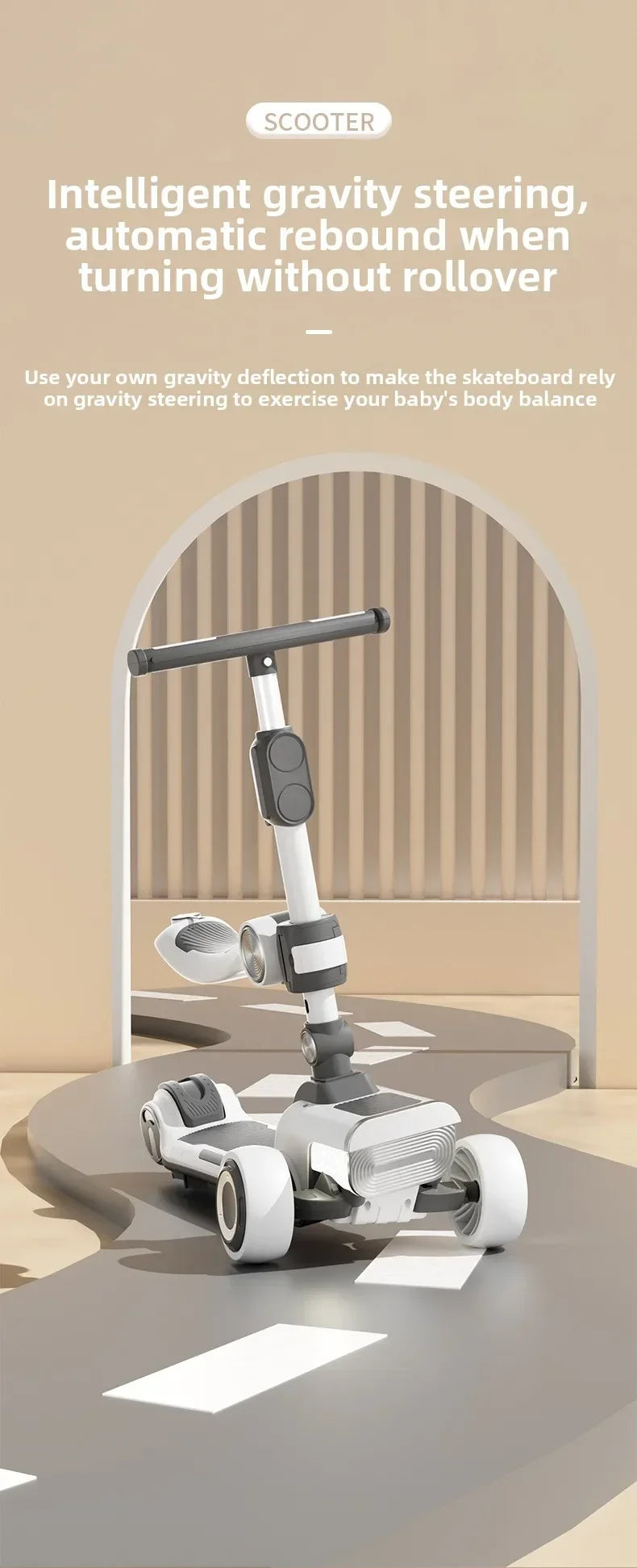 Rechargeable electric scooter for children, foldable and fun with widened design.