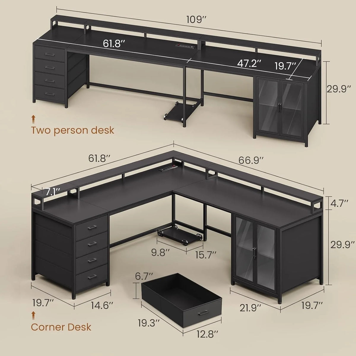 109" L Shaped Gaming Computer Desk,4 Drawers,Display Cabinet & Dual Monitor Space For Home Office, Customized