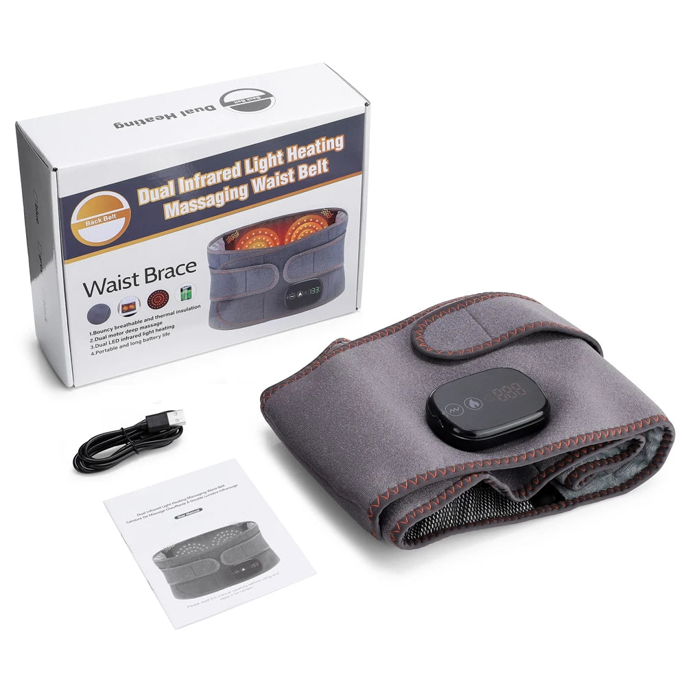 Electric Lumbar Massager Vibration Thermal Waist Massage Belt 3 Levels Hot Compress Infrared Light Dual Motor Muscle Relax