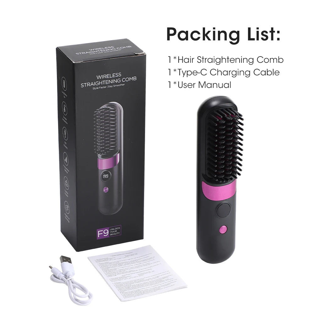 Portable Hair Straightener Brush 4 Temp Setting Cordless Straightening Comb LED Display Ceramic Coating Ionic Technology USB