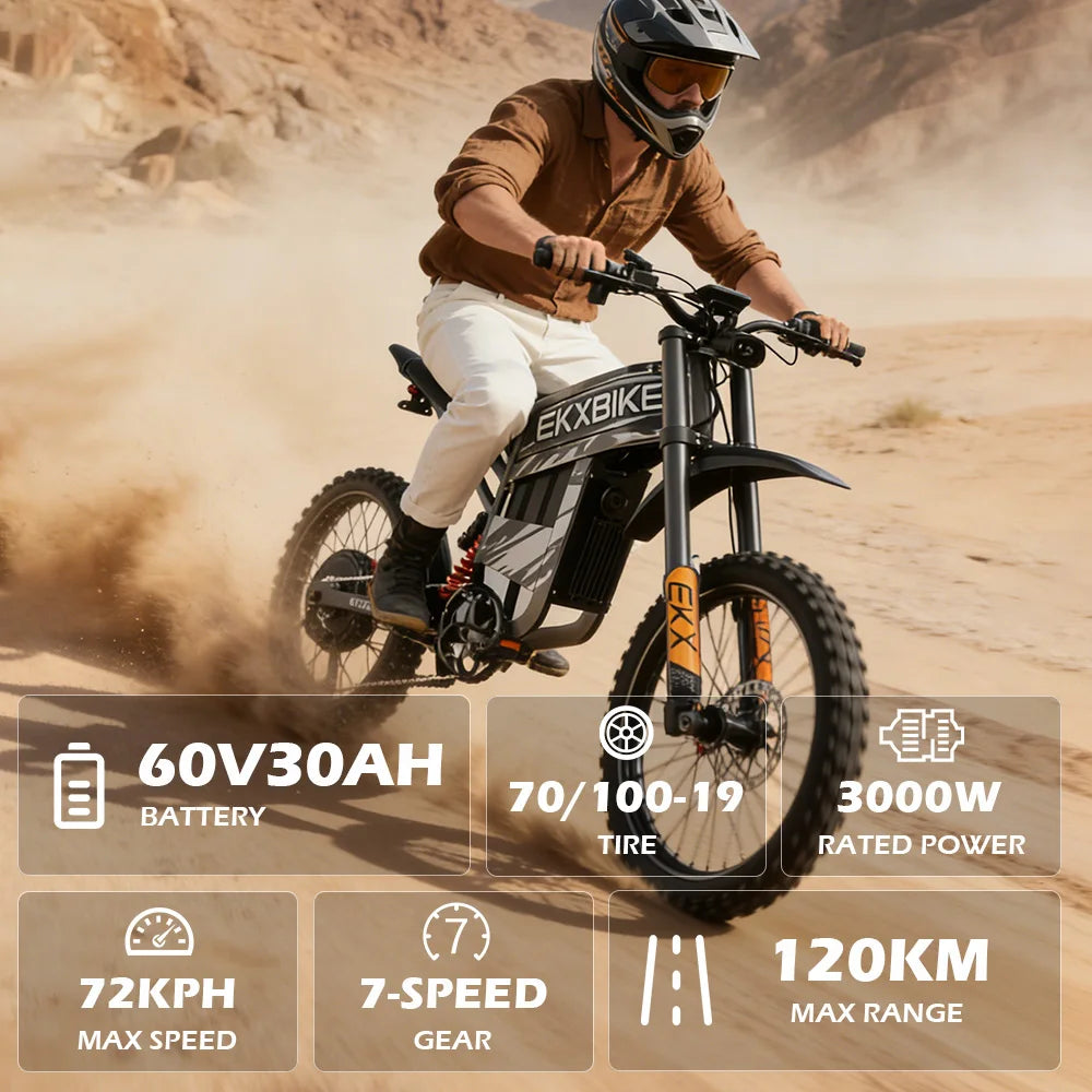 EKXBIKE TX1 Electric Motorcycle 80Km/h 6000W Peak Motor, 60V30AH Lithium Battery, Adult Off-Road Electric Mountain Bike