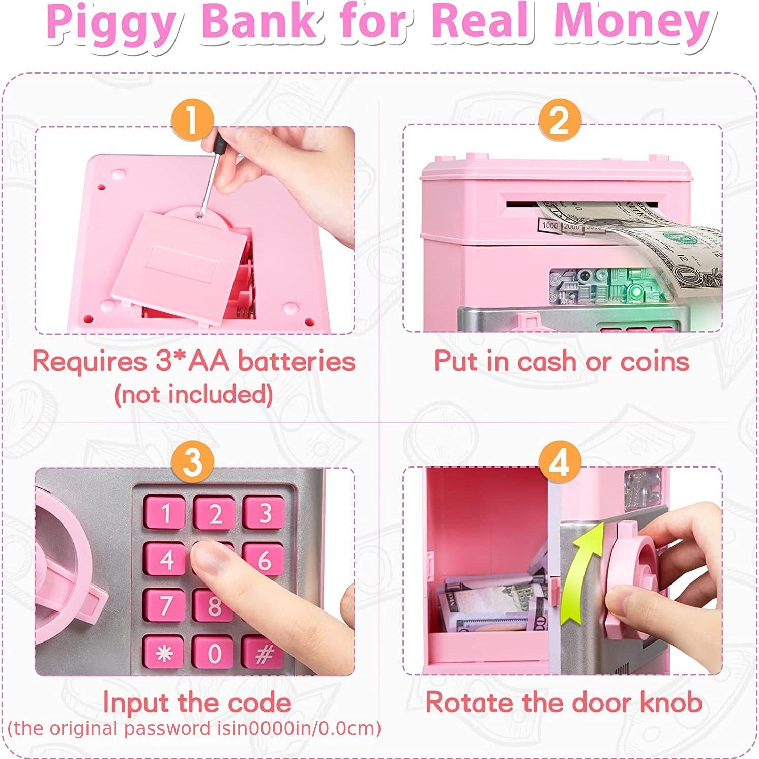 Teach kids about saving with this fun electronic piggy bank—acts like an ATM, storing cash and coins securely while making saving money exciting!