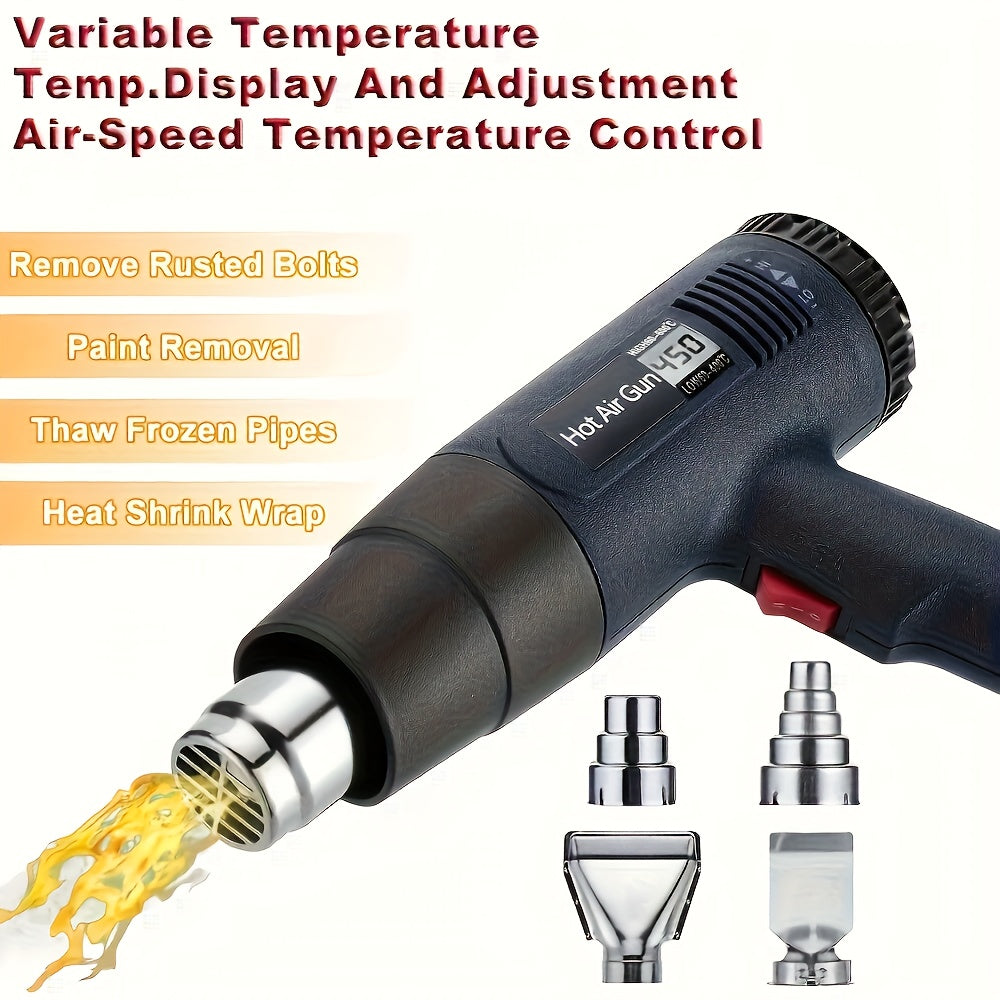 2500W Heat Gun 352°F-1202°F Variable Temperature Control Overload Protection, Hot Air Gun Variable Temperature Control Memory Function, Fast Heating Heavy Duty Hot Air Gun Kit for Car Wrap, Crafts, Shrinking Tubing, Strippi