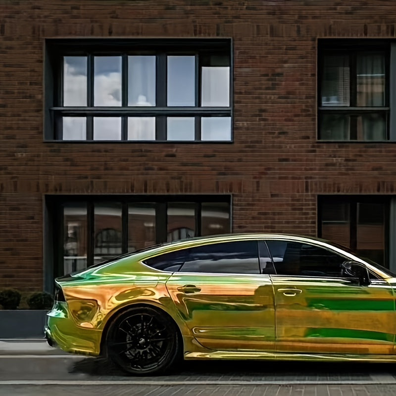 Premium PVC Car Wrap - Vibrant Green to Yellow Gradient with Rainbow Mirror Effect, Fit for All Models - High-Quality Color Changing Vinyl Film