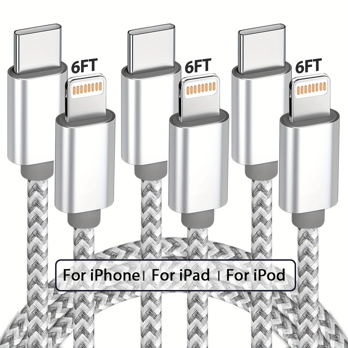 USB-C to Lightning Cable 1/2/3/4-Pack, 6ft Nylon Braided C-Type Fast Charging Cable for iPhone Charger, Compatible with iPhone 14/13/12/11 Pro Max in Gray and White