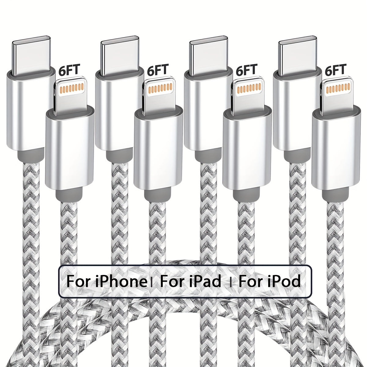 USB-C to Lightning Cable 1/2/3/4-Pack, 6ft Nylon Braided C-Type Fast Charging Cable for iPhone Charger, Compatible with iPhone 14/13/12/11 Pro Max in Gray and White