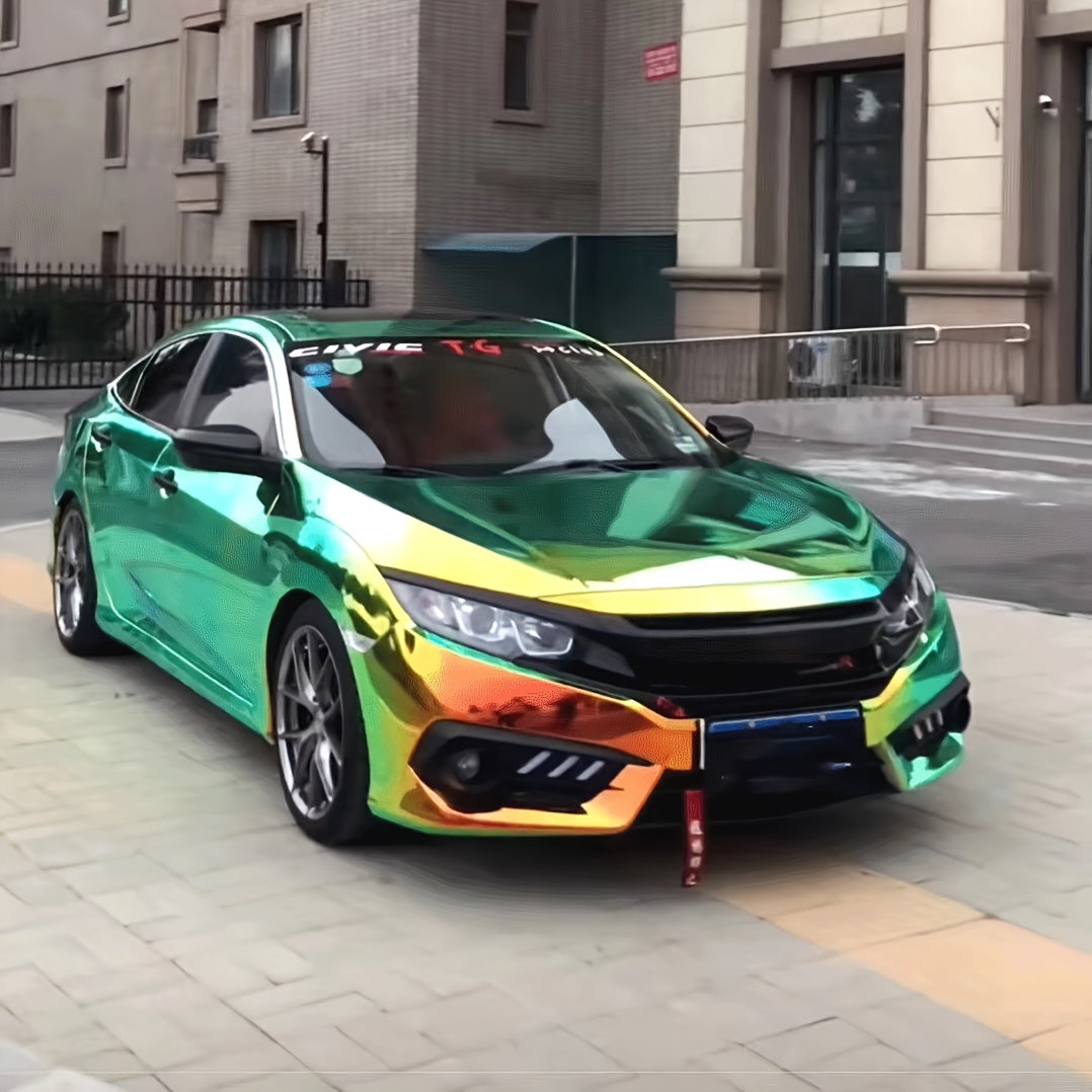 Premium PVC Car Wrap - Vibrant Green to Yellow Gradient with Rainbow Mirror Effect, Fit for All Models - High-Quality Color Changing Vinyl Film