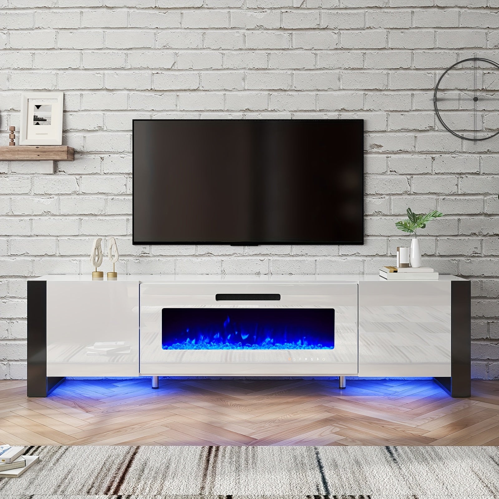 TV Stand with Electric Fireplace and LED Lights.