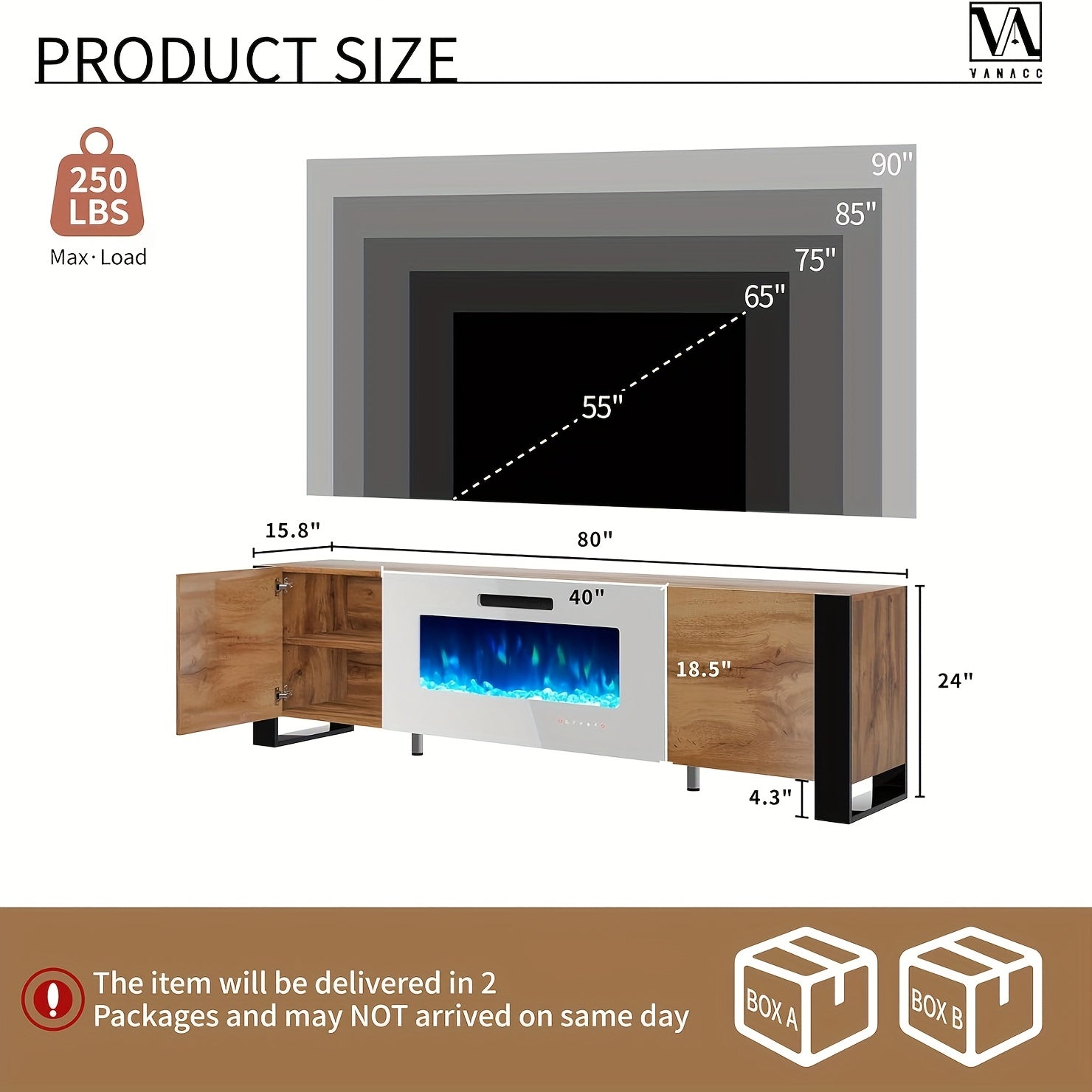TV Stand with Electric Fireplace and LED Lights.